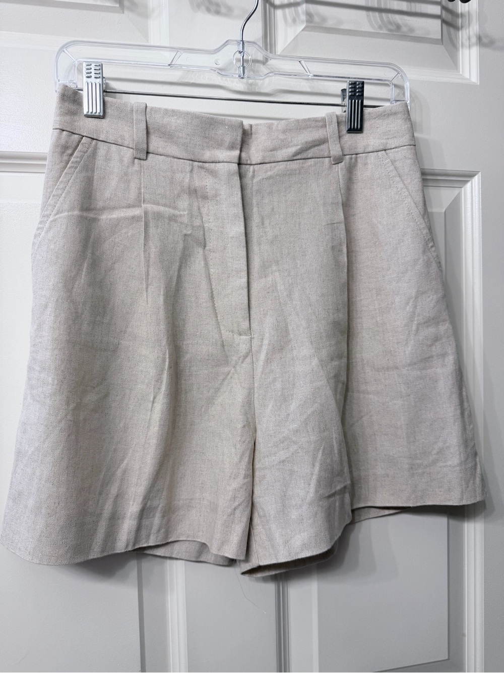 Zara Beige High-Waist Pleated Linen-Blend Shorts